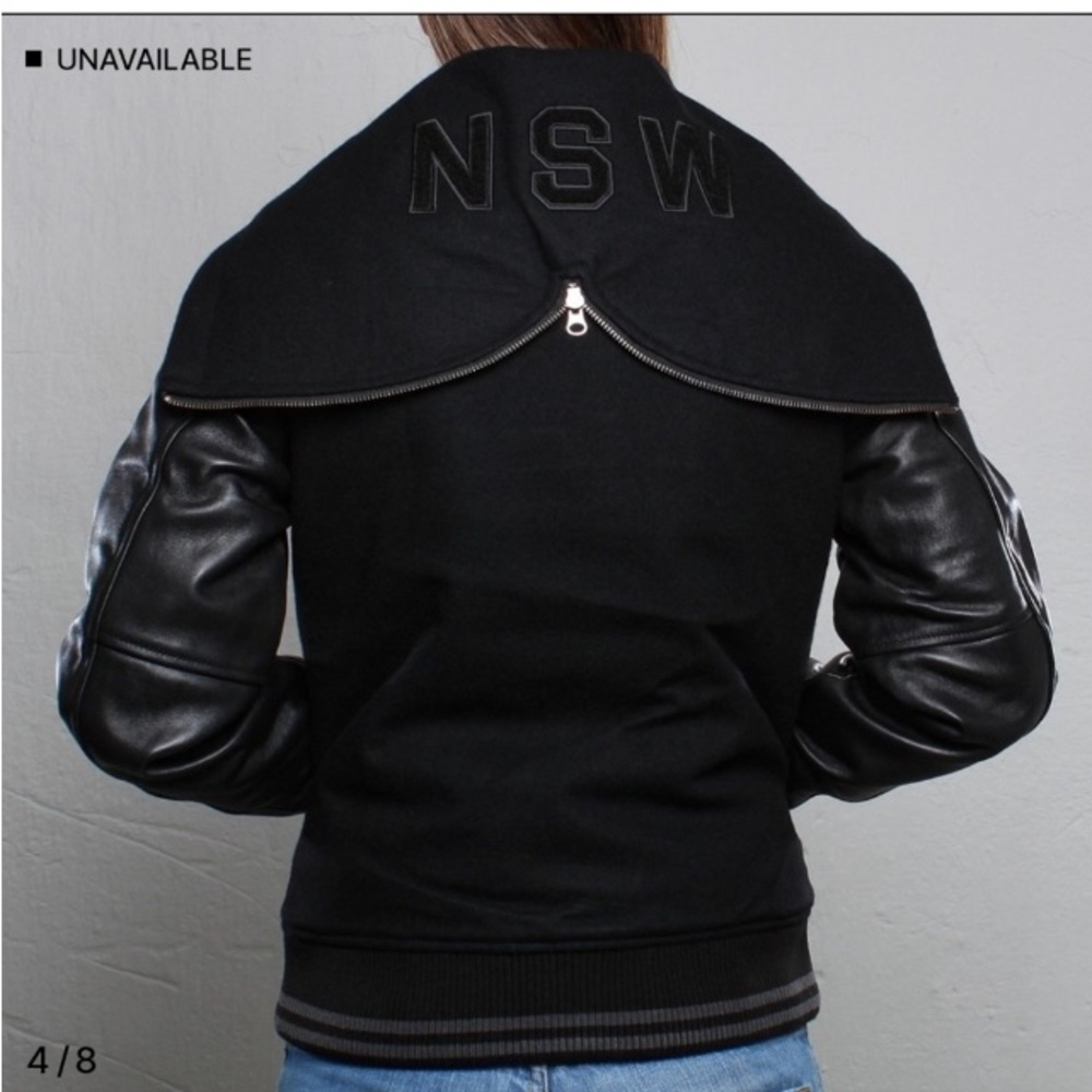 Nike NSW Black Leather Wool Hooded Destroyer Varsity Bomber Jacket S Letterman